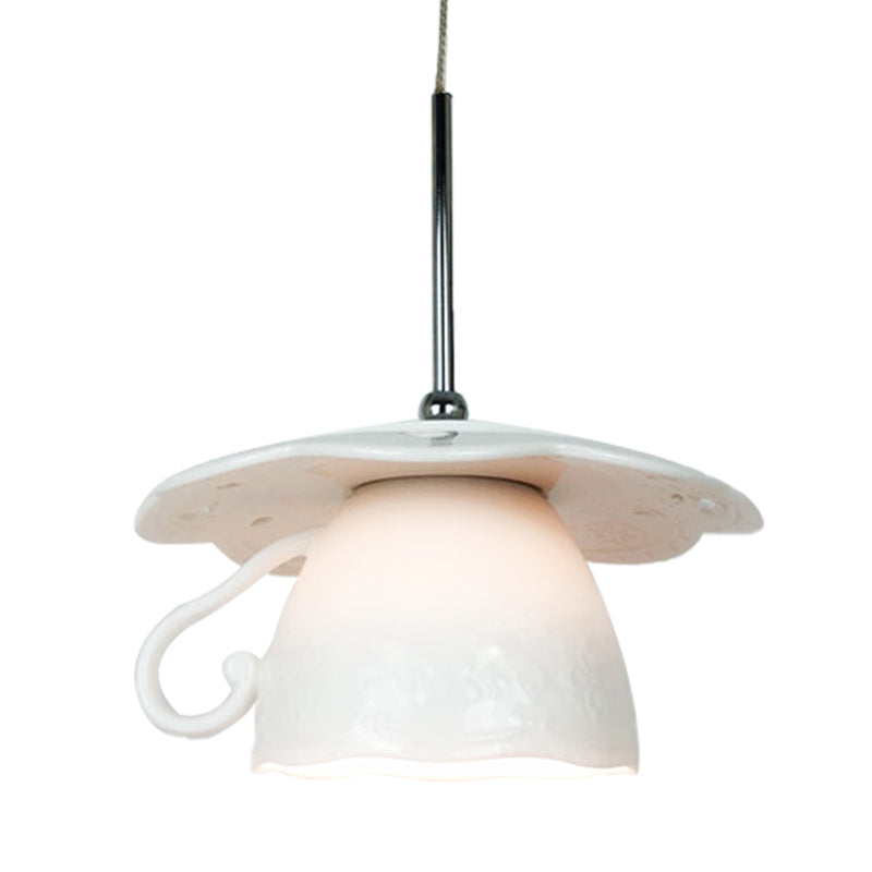1-Light Nordic White Led Ceiling Suspension Fixture With Coffee Cup Ceramics Shade For Restaurants
