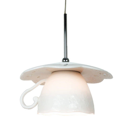 1-Light Nordic White Led Ceiling Suspension Fixture With Coffee Cup Ceramics Shade For Restaurants