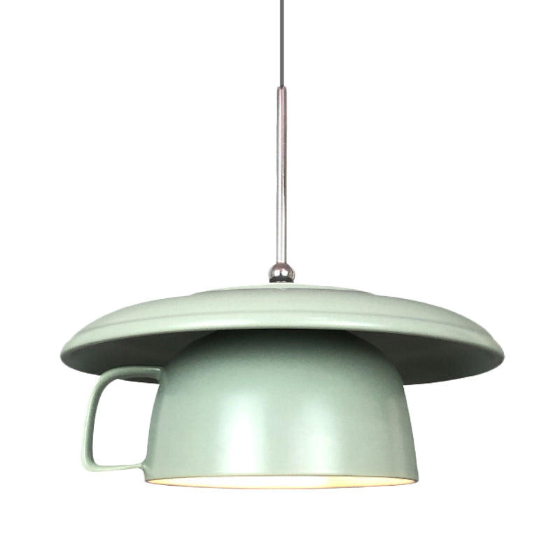 Green Finish Macaron Ceramic Led Pendant Light With Coffee-Cup Design - Hanging Ceiling Lamp