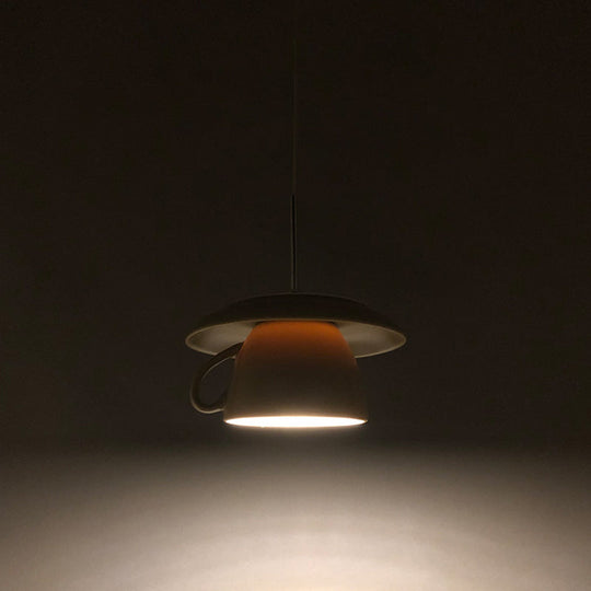 Macaron Pink/Grey/Green Led Pendant Lamp With Coffee Cup Ceramics Shade - Perfect For Restaurants