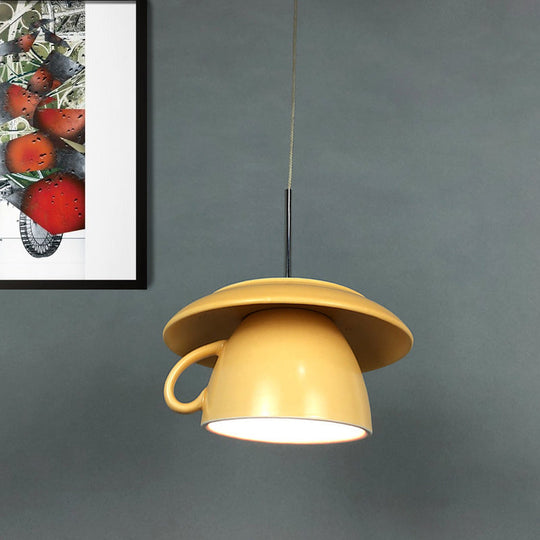 1-Light Macaron Pink/Grey/Green Restaurant Pendant Lamp With Ceramic Coffee Cup Shade Led Hanging