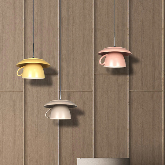 Macaron Pink/Grey/Green Led Pendant Lamp With Coffee Cup Ceramics Shade - Perfect For Restaurants