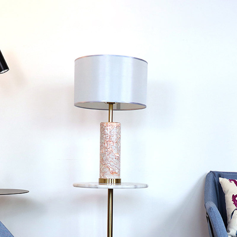 Modern White Fabric Drum Table Light With Agate Red Marble Base - 1 Head Night Lamp