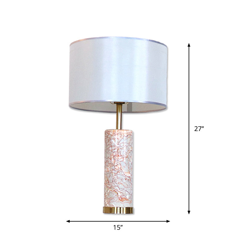 Modern White Fabric Drum Table Light With Agate Red Marble Base - 1 Head Night Lamp