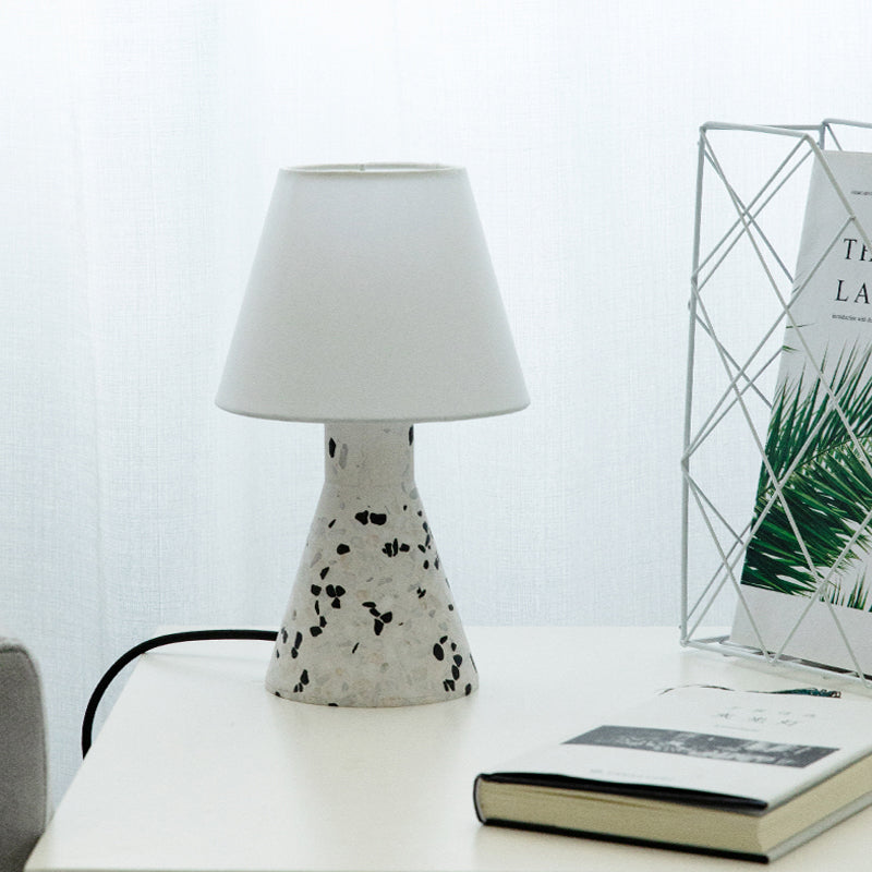 Modern Wide Flared Night Table Lamp With Marble Base And Fabric Shade White