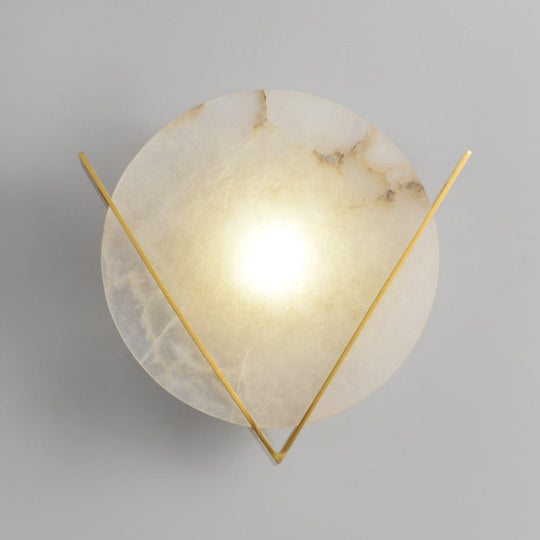 Post-Modern Round Panel Wall Light Sconce - Marble Bedside Lamp Fixture With Brass V Deco
