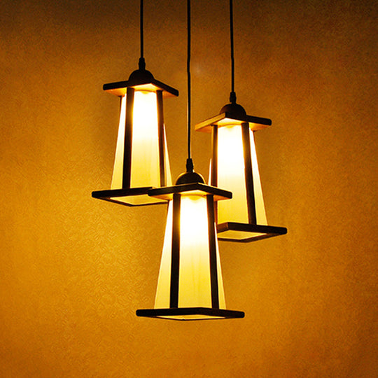 3-Light Coastal Wood Cluster Pendant With Frosted Glass Trapezoid Shade - Stylish Hanging Ceiling