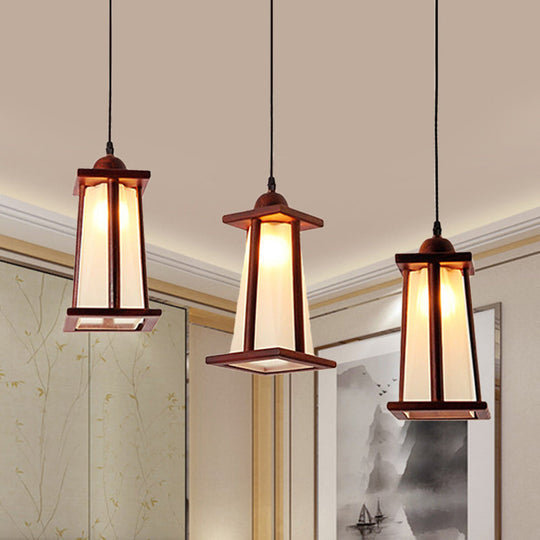 3-Light Coastal Wood Cluster Pendant With Frosted Glass Trapezoid Shade - Stylish Hanging Ceiling