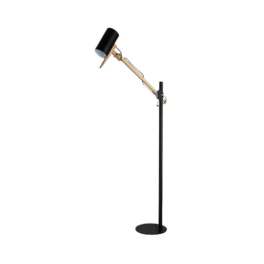 Modern Iron Swing Arm Floor Lamp - White/Black With Wood Tube Accent 1-Light Standing Light