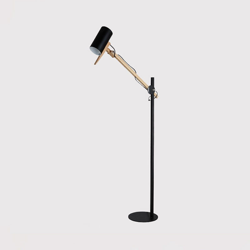 Modern Iron Swing Arm Floor Lamp - White/Black With Wood Tube Accent 1-Light Standing Light