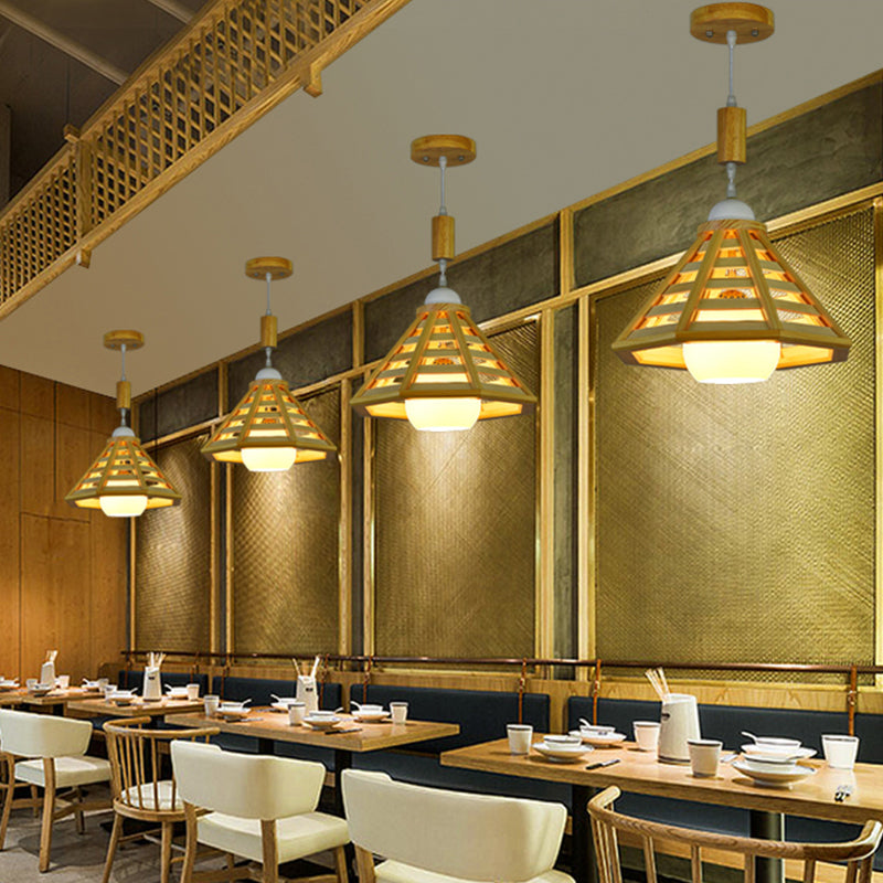 Modern Wood Pendant Light Fixture For Dining Room - Cone Cage Down Lighting 1 Beige Lamp