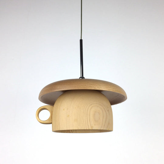 Modernist Wood Coffee-Cup Pendant Light With Led Beige Ceiling Hang Fixture - 1-Bulb