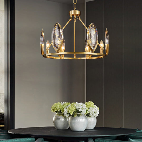 Modernist Gold Ring Chandelier With Crystal Shades - 6/8 Bulbs Hanging Light Kit For Living Room