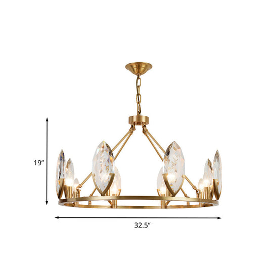 Modernist Gold Ring Chandelier With Crystal Shades - 6/8 Bulbs Hanging Light Kit For Living Room