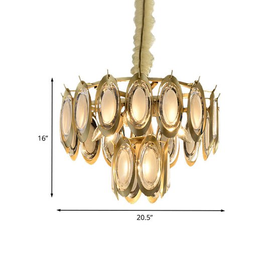 Modern 2-Tier Metallic Oblong Chandelier - Brass Finish 7 Hanging Bulbs Ceiling Lamp
