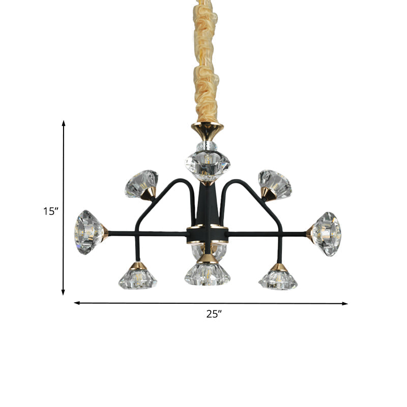 Modern Metal Sputnik Bedroom Chandelier With Diamond Crystal Shade - 9 Bulbs Black Pendant Light