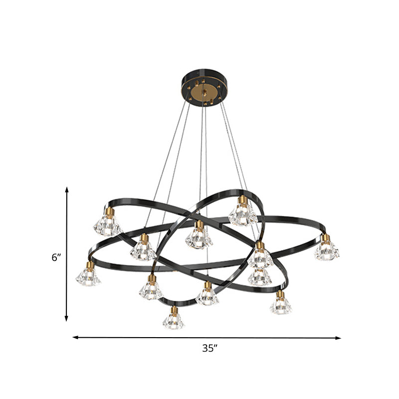 Modern Black Metal Star Chandelier Lamp With Clear Crystal Diamond Shade - 12 Bulbs Hanging Light