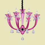 Modern Red Glass Candlestick Chandelier - 8-Light Chrome Pendant With Crystal Draping For Living
