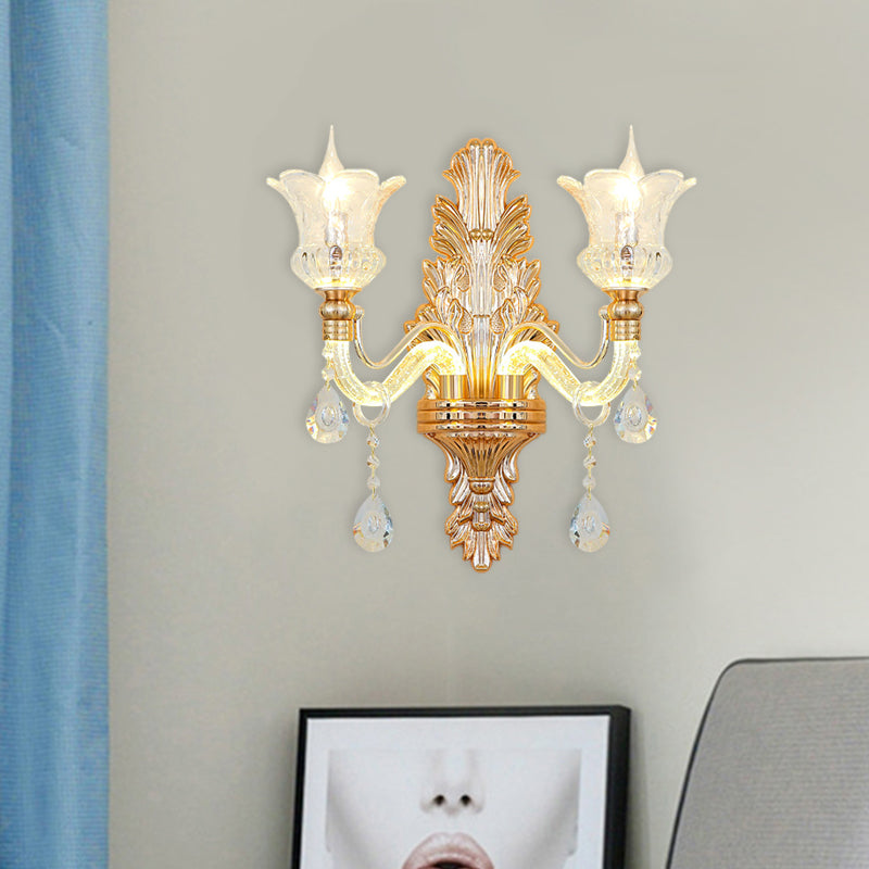 Gold Glass Sconce Light - Traditional Wall Mounted Lamp With Bubble Crystal Luminous Arm