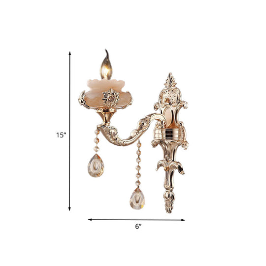 K9 Crystal Sconce Lamp: Traditional Gold Candle Wall Lighting Fixture With Jade Saucer