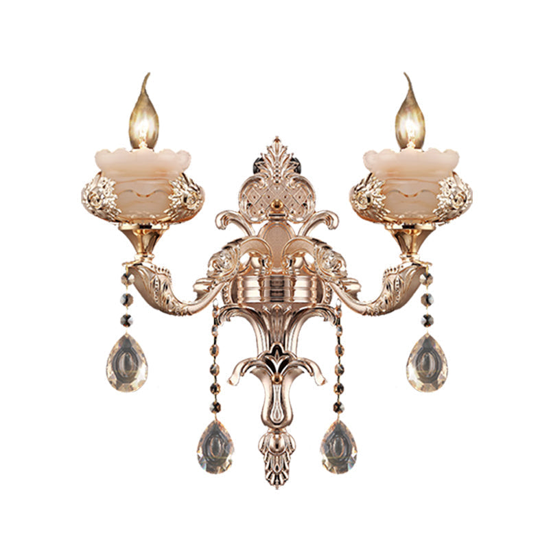 K9 Crystal Sconce Lamp: Traditional Gold Candle Wall Lighting Fixture With Jade Saucer