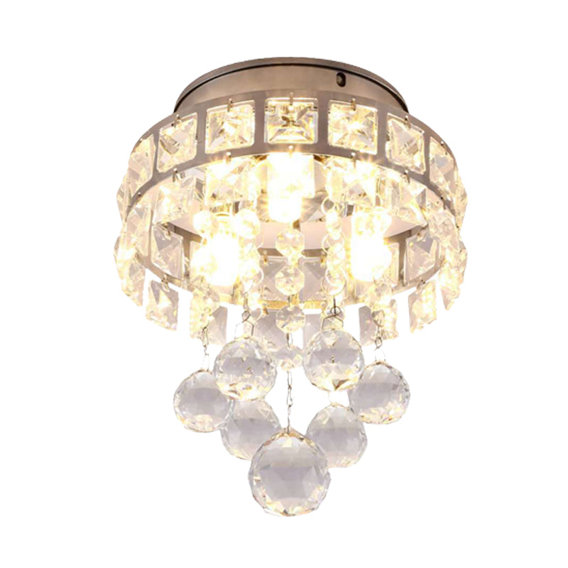 Modern Silver 3-Light Flush Mount Lamp With Clear Crystal Ball - Stylish Ceiling Lighting