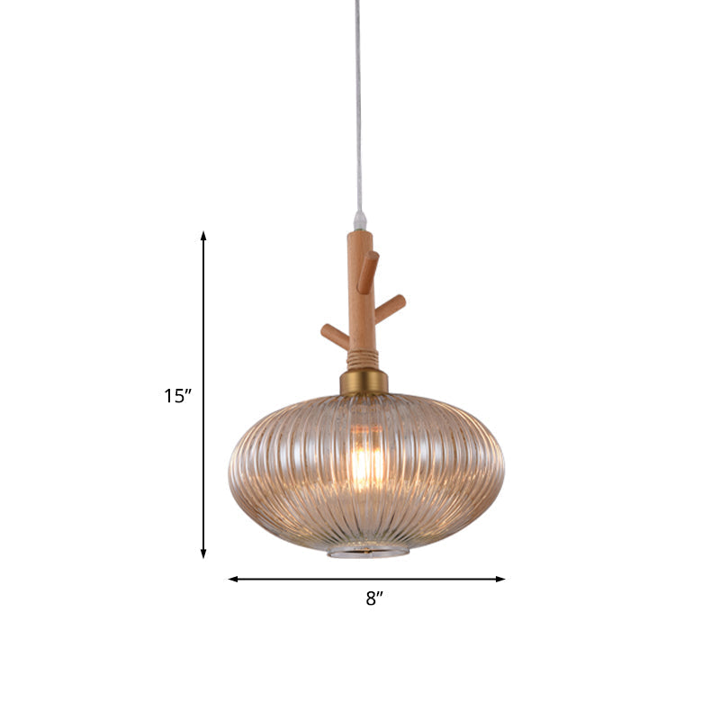 Modern Amber Glass Prismatic Pendant Lamp With Wooden Branch Cap - 1 Bulb Suspension