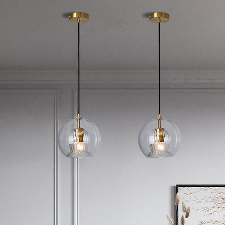 Postmodern Global Clear Glass Mini Hanging Light - 1 Brass Suspension Lamp 6/10 Wide