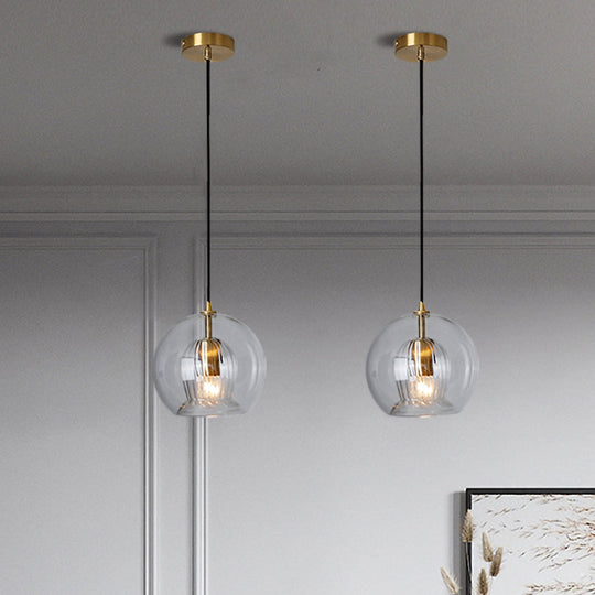Postmodern Global Clear Glass Mini Hanging Light - 1 Brass Suspension Lamp 6/10 Wide