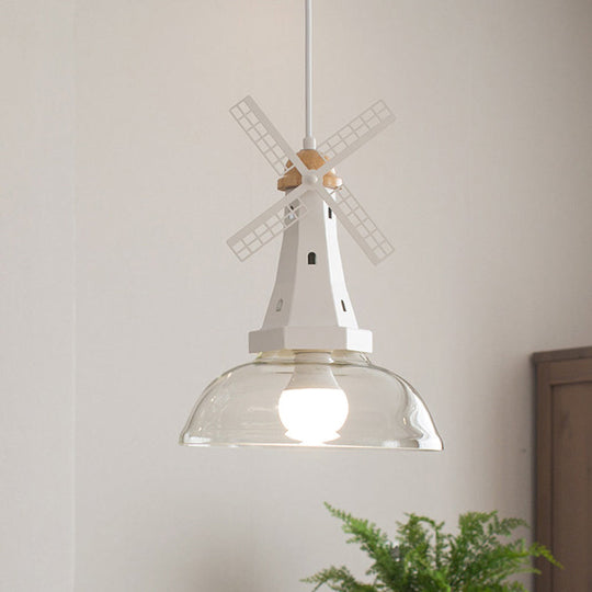 Designer Iron Hanging Lamp With Clear Glass Shade - Windmill Ceiling Lighting 1 Head White/Black