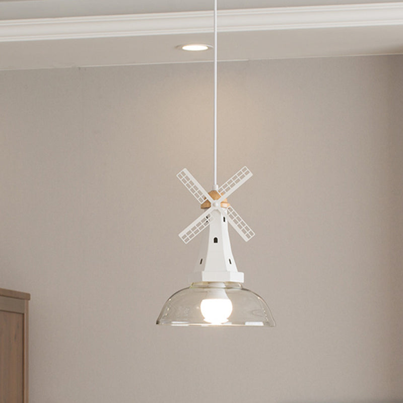 Designer Iron Hanging Lamp With Clear Glass Shade - Windmill Ceiling Lighting 1 Head White/Black
