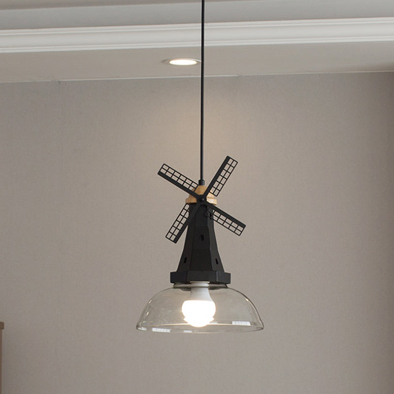 Designer Iron Hanging Lamp With Clear Glass Shade - Windmill Ceiling Lighting 1 Head White/Black