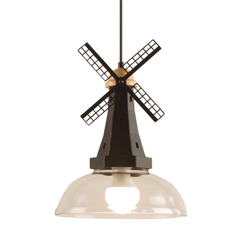 Designer Iron Hanging Lamp With Clear Glass Shade - Windmill Ceiling Lighting 1 Head White/Black