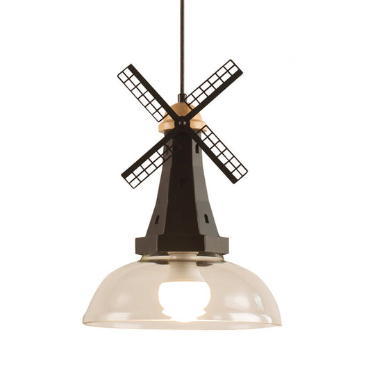Designer Iron Hanging Lamp With Clear Glass Shade - Windmill Ceiling Lighting 1 Head White/Black