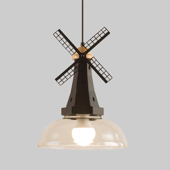 Designer Iron Hanging Lamp With Clear Glass Shade - Windmill Ceiling Lighting 1 Head White/Black