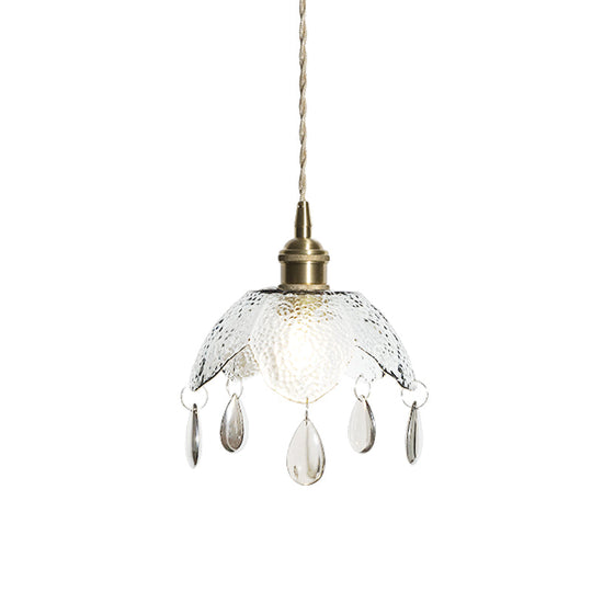 Vintage Brass Scalloped Bowl Pendant Lamp - Clear/Smoke Gray Water Glass 1 Bulb Hanging Lighting