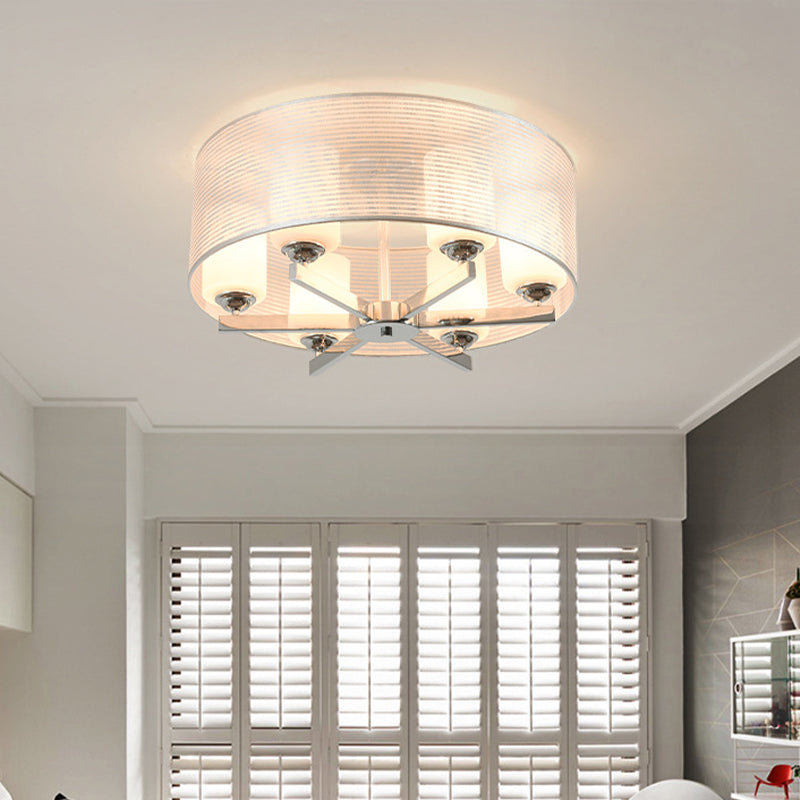 Minimalist White Glass Semi Flush Mount Drum Lighting With Chrome Finish - 6 Lights Tube Shade