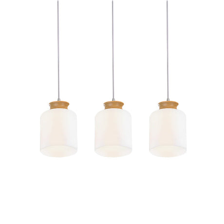 Modern White Glass Cylinder Chandelier With Wood Suspension Lamp - 3 Heads Round/Linear Canopy