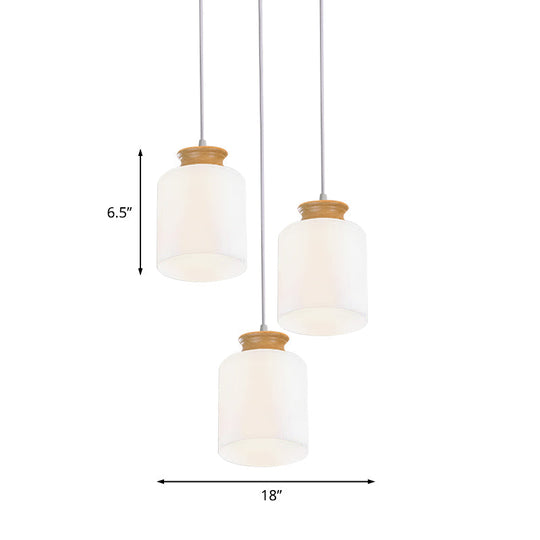 Modern White Glass Cylinder Chandelier With Wood Suspension Lamp - 3 Heads Round/Linear Canopy