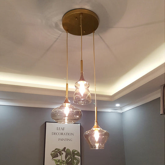 Modern Wavy Glass Ceiling Light Pendant With Gold Finish - Clear/Cognac 3 Bulbs