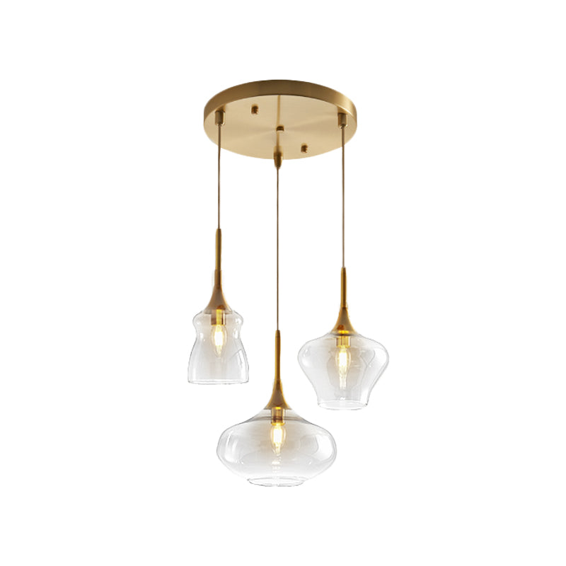 Modern Wavy Glass Ceiling Light Pendant With Gold Finish - Clear/Cognac 3 Bulbs