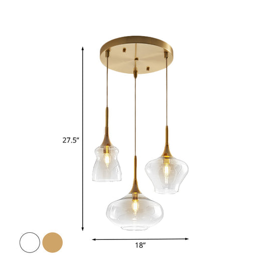 Modern Wavy Glass Ceiling Light Pendant With Gold Finish - Clear/Cognac 3 Bulbs