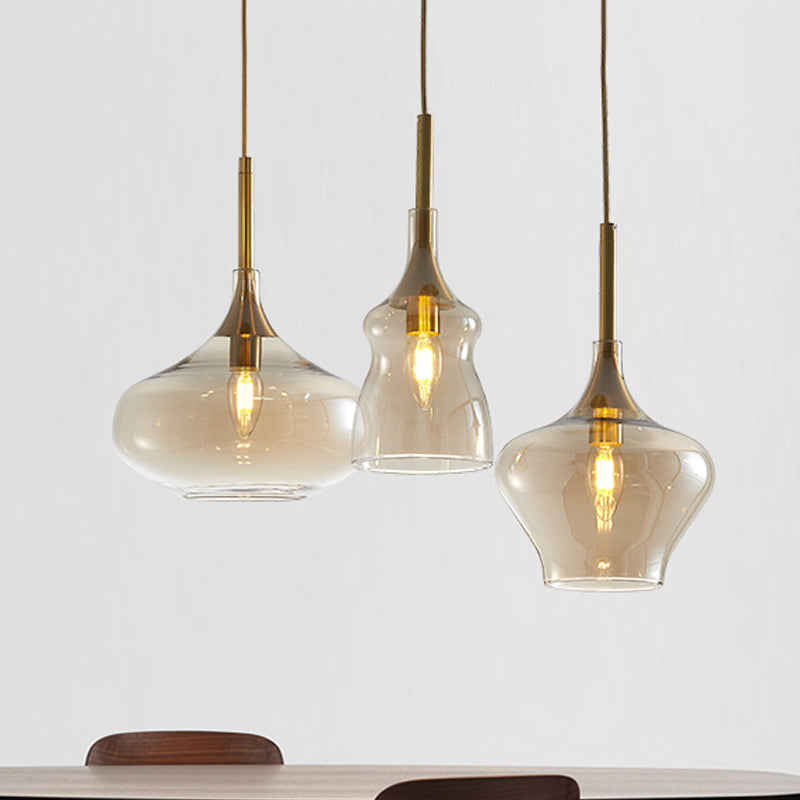 Modern Wavy Glass Ceiling Light Pendant With Gold Finish - Clear/Cognac 3 Bulbs Cognac