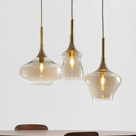 Modern Wavy Glass Ceiling Light Pendant With Gold Finish - Clear/Cognac 3 Bulbs Cognac