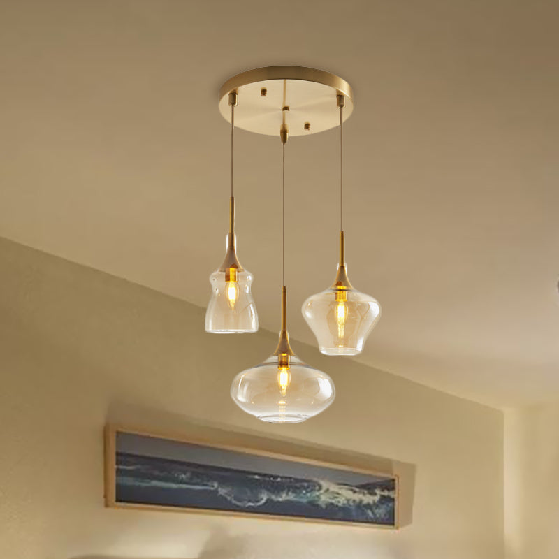 Modern Wavy Glass Ceiling Light Pendant With Gold Finish - Clear/Cognac 3 Bulbs