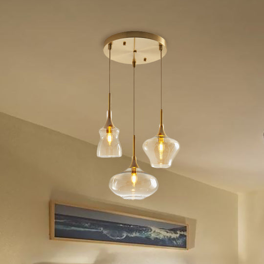 Modern Wavy Glass Ceiling Light Pendant With Gold Finish - Clear/Cognac 3 Bulbs