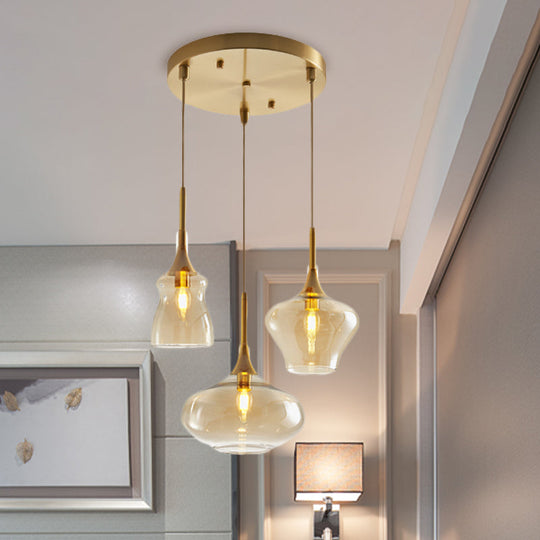 Modern Wavy Glass Ceiling Light Pendant With Gold Finish - Clear/Cognac 3 Bulbs
