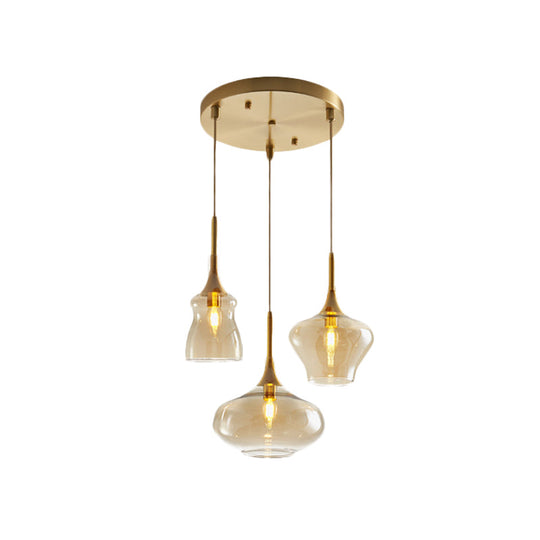 Modern Wavy Glass Ceiling Light Pendant With Gold Finish - Clear/Cognac 3 Bulbs
