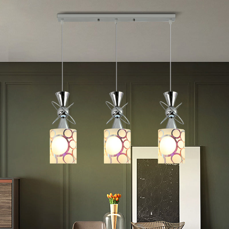 Modernist Metal Hourglass Pendant Ceiling Light With Chrome Finish 3-Bulb And Patterned Glass Shade
