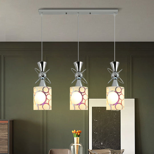 Modernist Metal Hourglass Pendant Ceiling Light With Chrome Finish 3-Bulb And Patterned Glass Shade